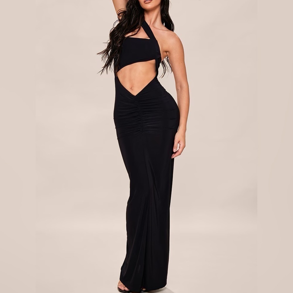 PrettyLittleThing Black Cut Out Slinky Evening Maxi Dress Nwt Size 6